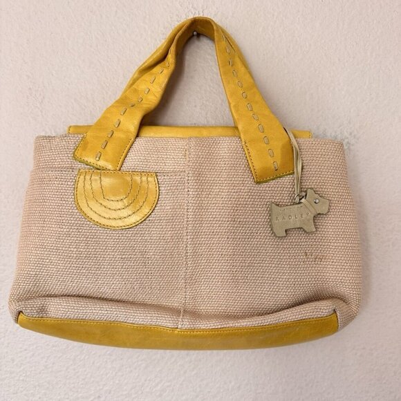 RADLEY STUNNING WOVEN CONTRAST YELLOW LEATHER GREEN STITCH TRIM TOP HANDLE TOTE - Picture 7 of 12